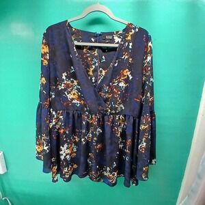 a.n.a Floral Babydoll‎ Blouse LT Navy Blue Bell Sleeve Boho Peplum Top